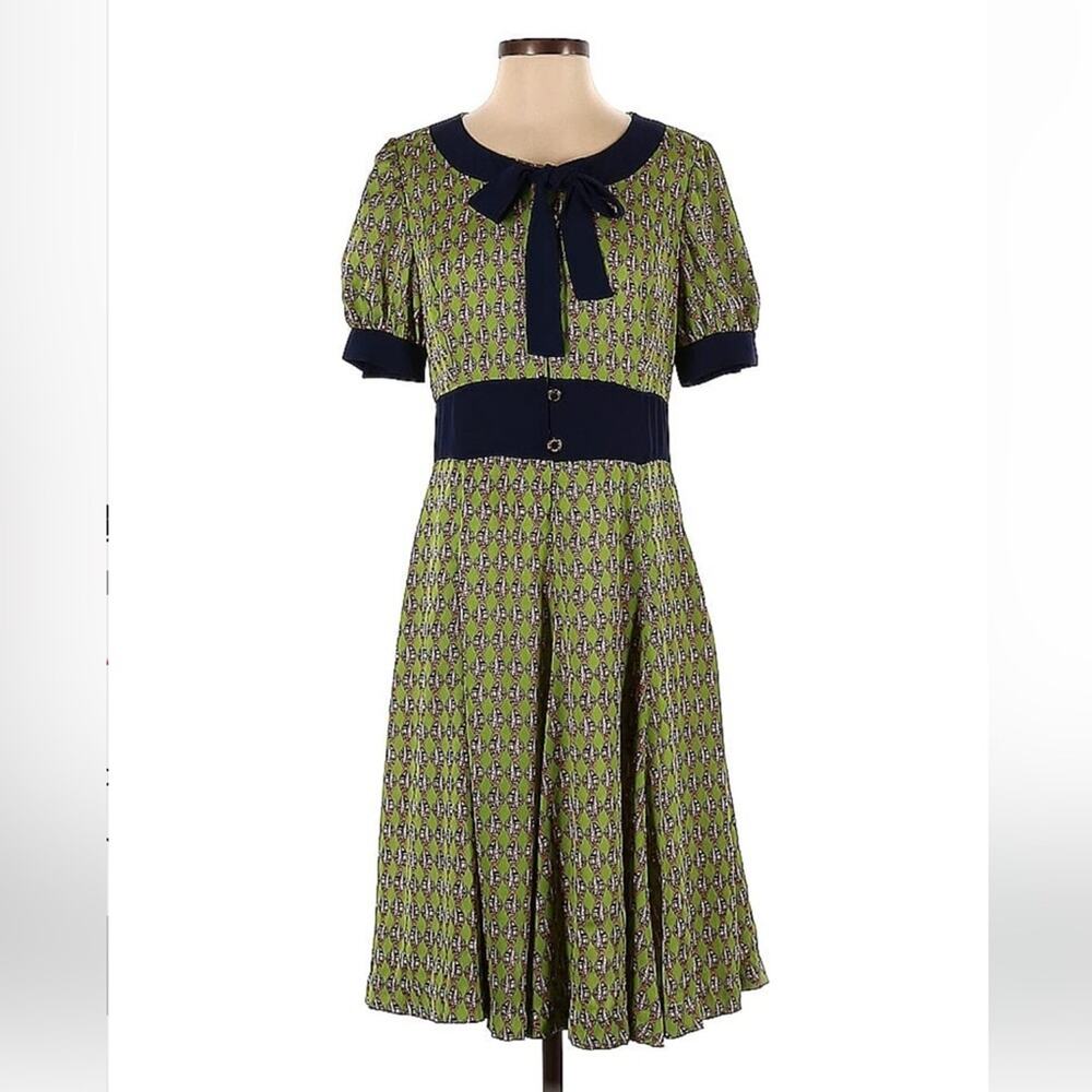 Schofield‎ resort button down bow neck green sailboat dress, size 170/92a or L